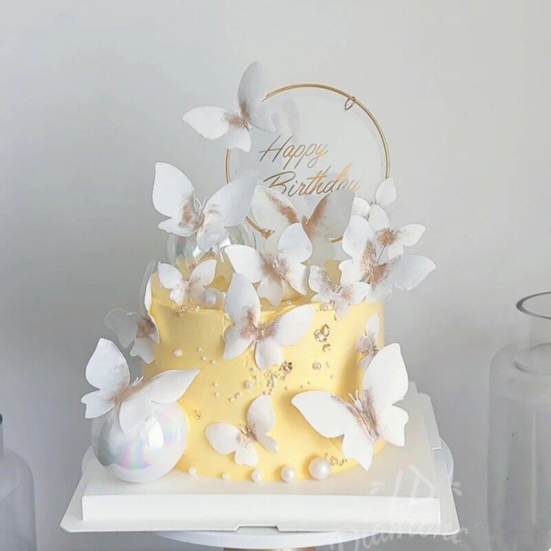 蝴蝶网红金边粉色蛋糕装饰创意大羽羽毛插件节日装扮用品