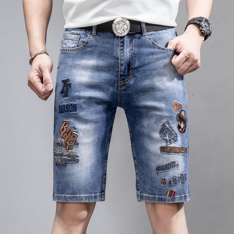 夏季薄款潮牌破洞牛仔短裤男五分裤修身潮流补丁刺绣黑色弹力中裤