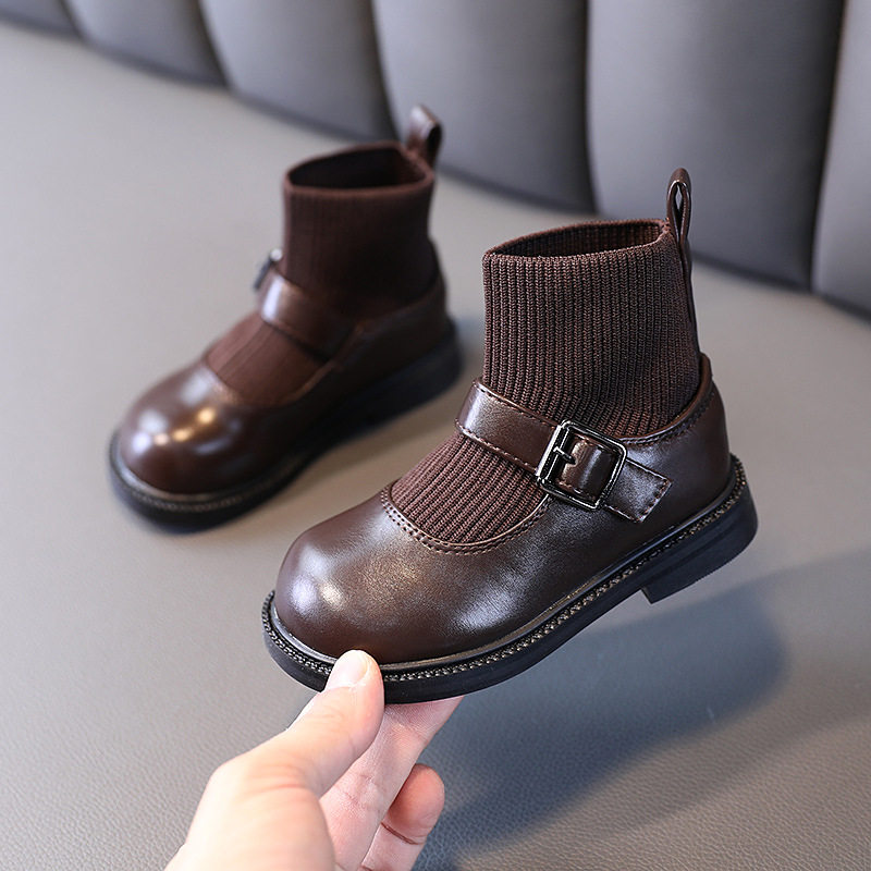 儿童皮靴小童单靴针织短靴弹力宝宝宝马丁弹力皮靴