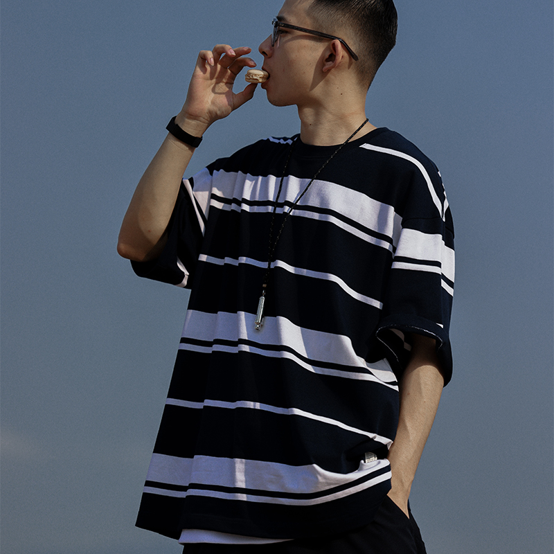 PIN SKTBS 2021夏新款宽松圆领t恤男半袖CityBoy日系条纹短袖上衣