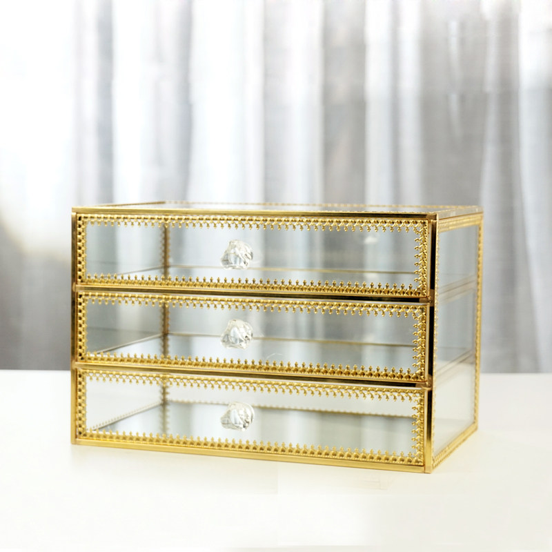 欧式3层抽屉首饰盒饰品收纳玻璃耳环耳钉戒指饰品盒