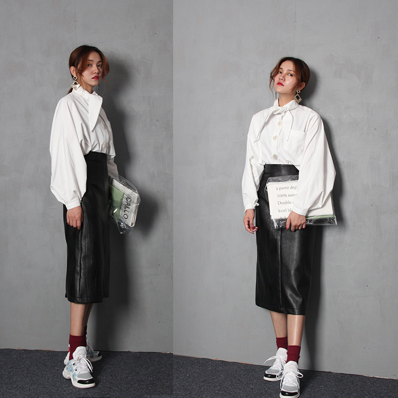 衬衫2020春灯笼袖 宽松设计感女社会心机上衣潮兔耳朵领蝴蝶结新款