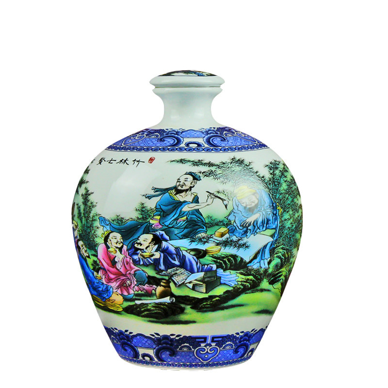 景德镇陶瓷5斤装粉彩红花人物陶瓷酒瓶酒壶酒坛白酒具家用酒壶