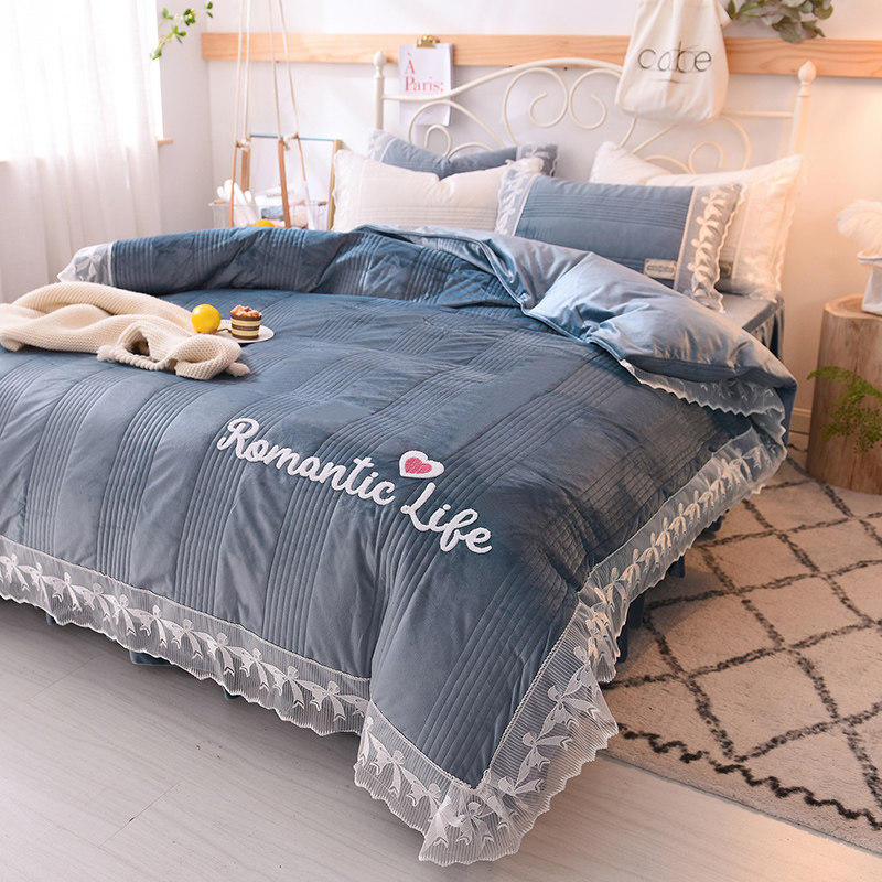 床上四件套少女公主床裙夹棉水晶绒被子套纯白色加厚法莱绒金貂绒