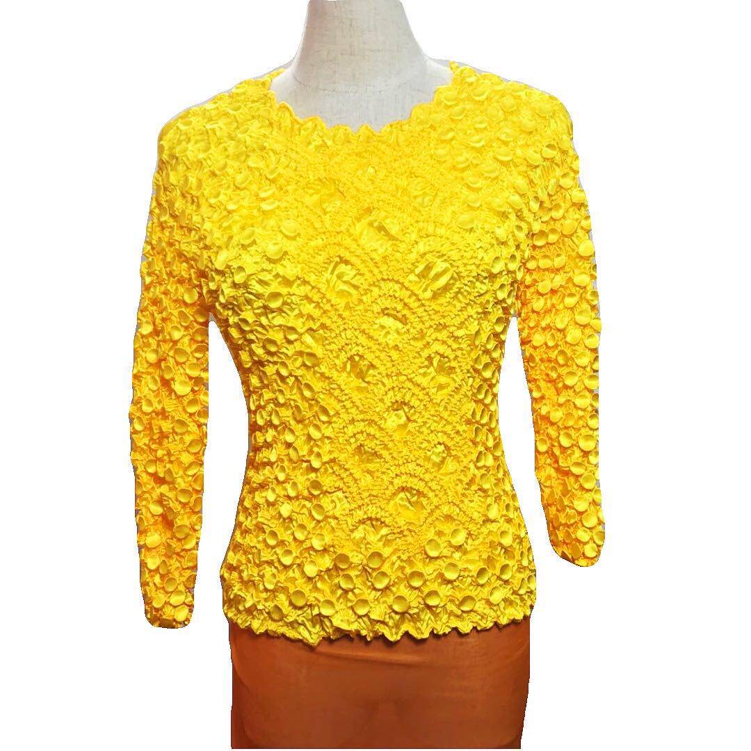 大码女装休闲清透时尚长袖弹力褶皱菠萝显瘦t恤