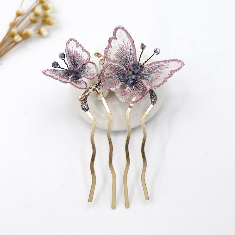 浪漫刺绣双蝴蝶发梳日韩时尚清新插梳刘海梳韩国布艺发插优雅头饰