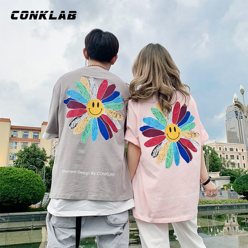 conklab2019夏季彩虹笑脸太阳花国潮牌短袖t恤宽松半袖ins上衣女
