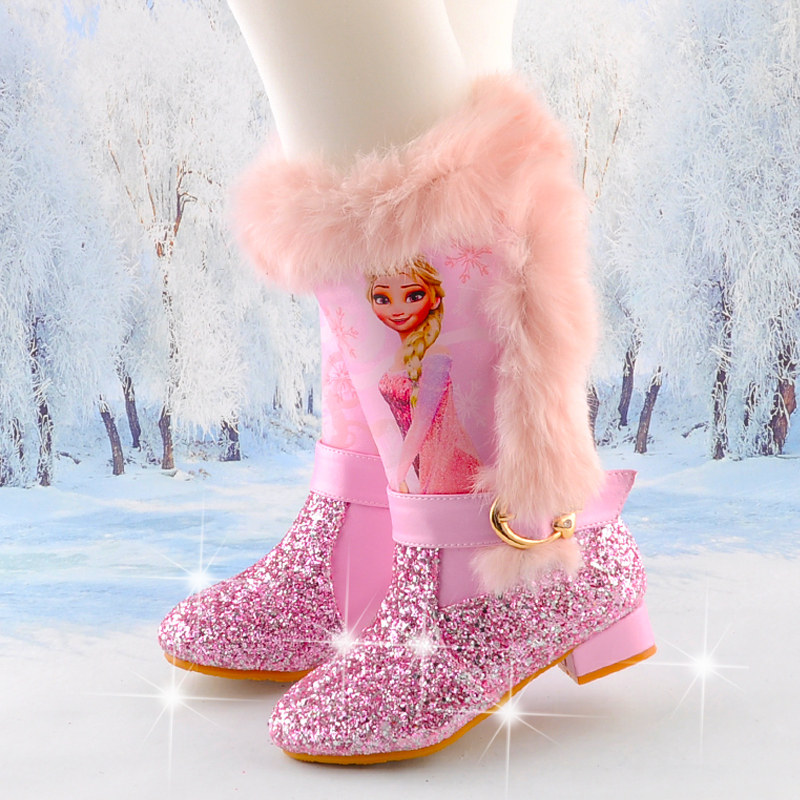儿童高跟靴子加绒冰雪奇缘靴子2艾莎靴子公主五岁女童靴子冬小童3