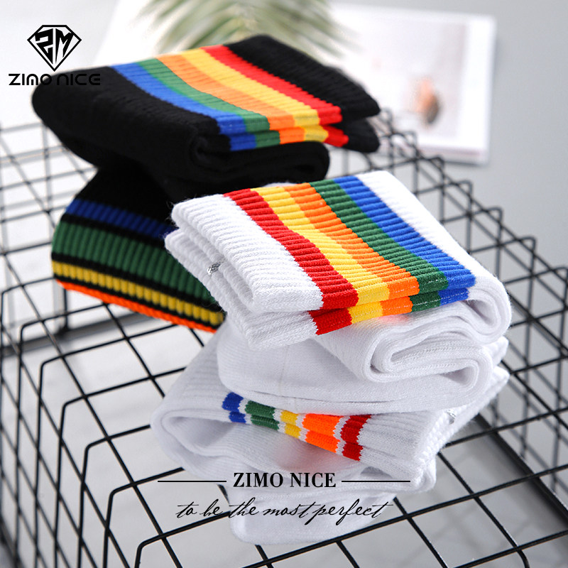 彩虹袜子男中筒筒袜纯棉防臭吸汗百搭篮球运动中筒袜