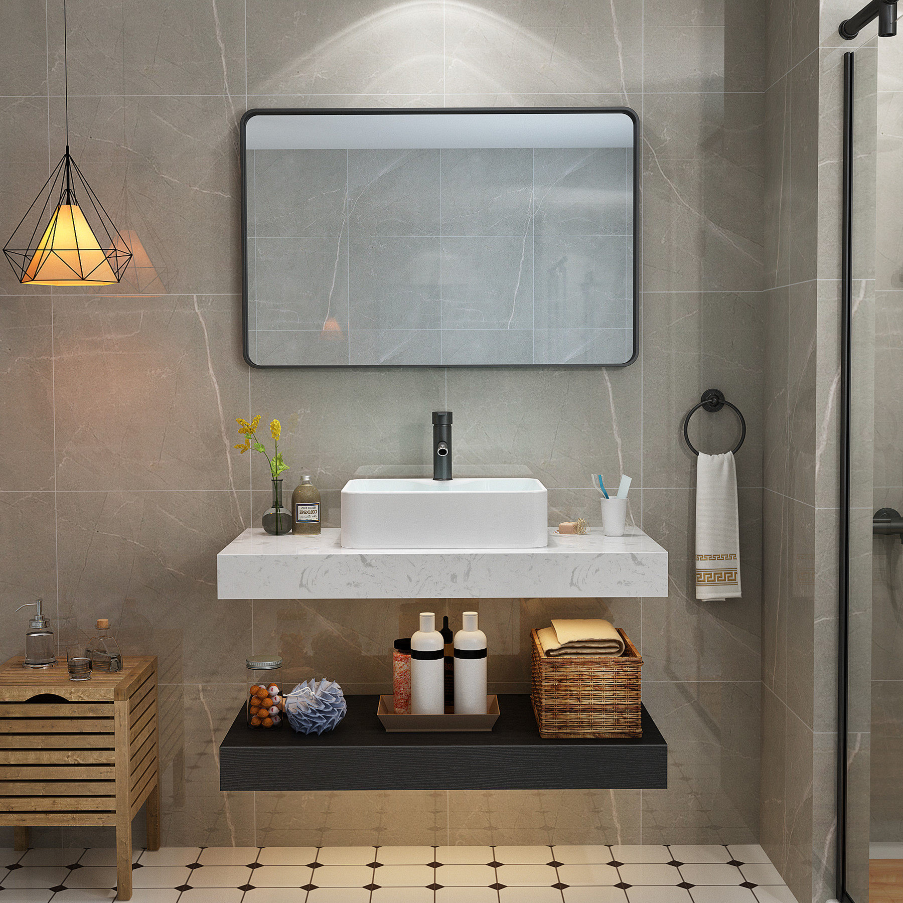 简约壁挂双层浴室柜洗脸盆大理石洗手盆柜组组合卫生间台上盆