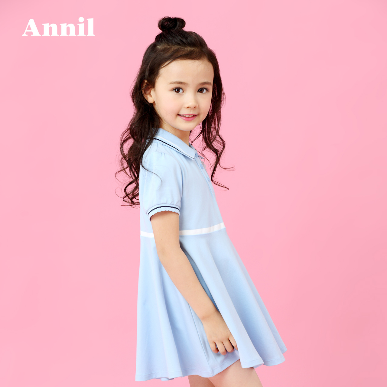 安奈儿童装女童连衣裙2018夏季新款洋气服装翻领短袖学院运动裙子