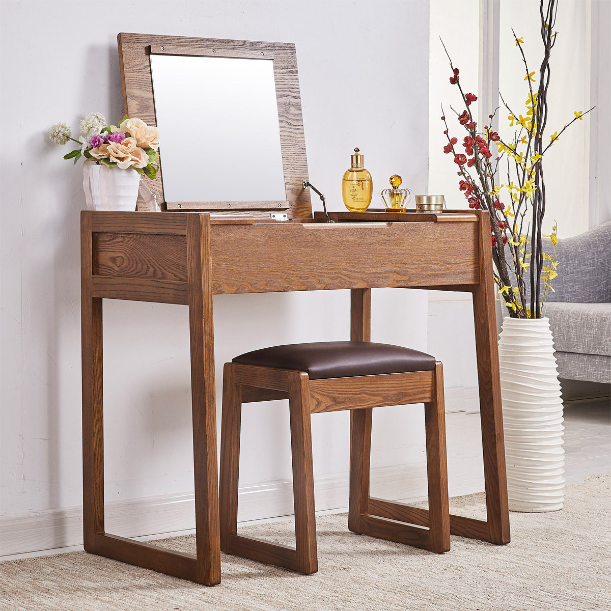 【梳妆台】全实木化妆台现代简约卧室翻盖梳妆台 化妆桌小户型