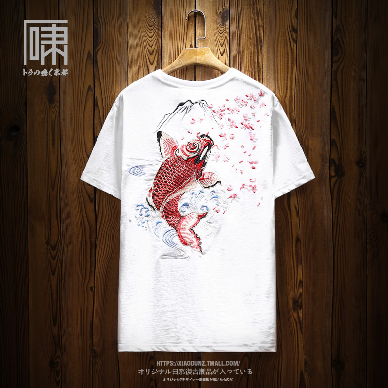潮牌国潮中国风鲤鱼刺绣短袖T恤 男日系原宿风樱花体恤潮男半袖