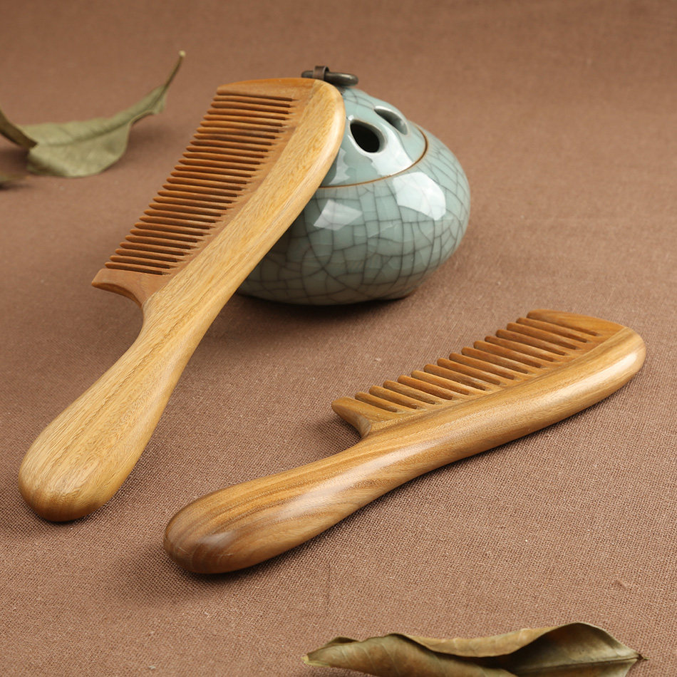 逸舍天然正品绿檀木梳静电脱发细宽齿顺发卷发梳按摩檀香木梳子防