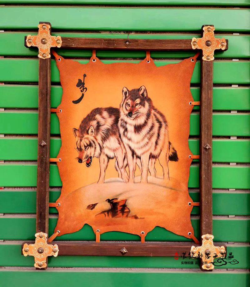 蒙古皮画成吉思汗手绘真皮挂画餐厅饭店墙面装饰工艺画