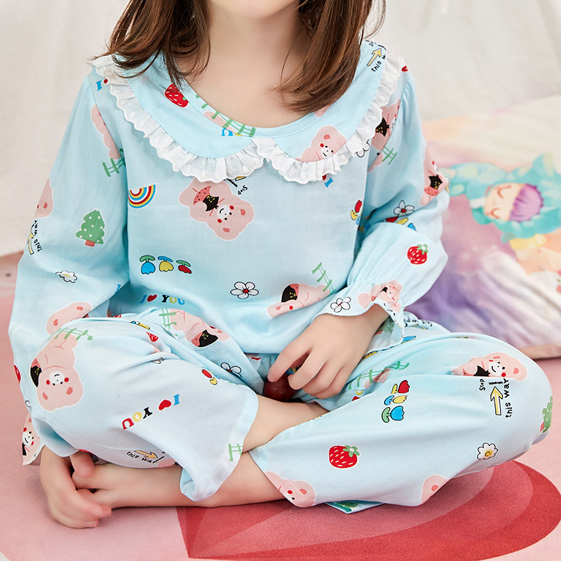 女童花边绵绸睡衣女孩宝宝儿童夏季薄款纯棉家居服套装