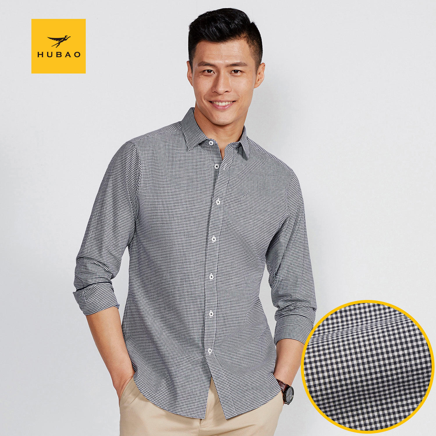 虎豹男士棉麻长袖衬衫合身舒适格蓝尖领时尚休闲衬衫