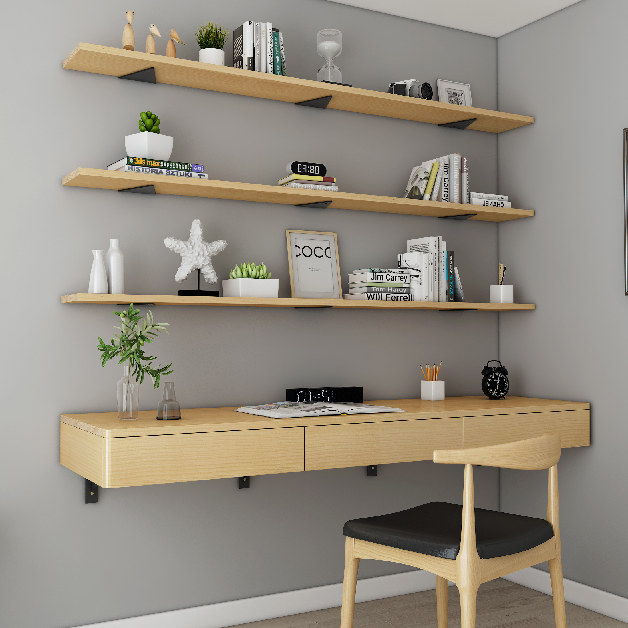 一字板书书桌隐形书架北欧实木墙上壁挂抽屉电脑桌