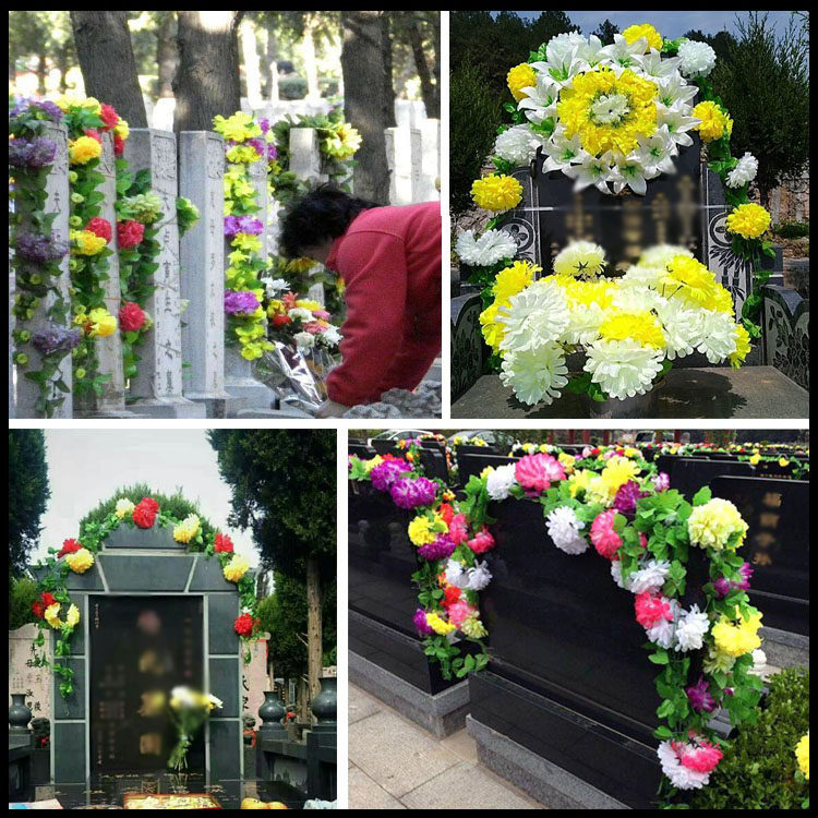 墓碑装饰花祭祀挂花仿真菊花藤条墓地扫墓花假花塑料拉花清明祭奠