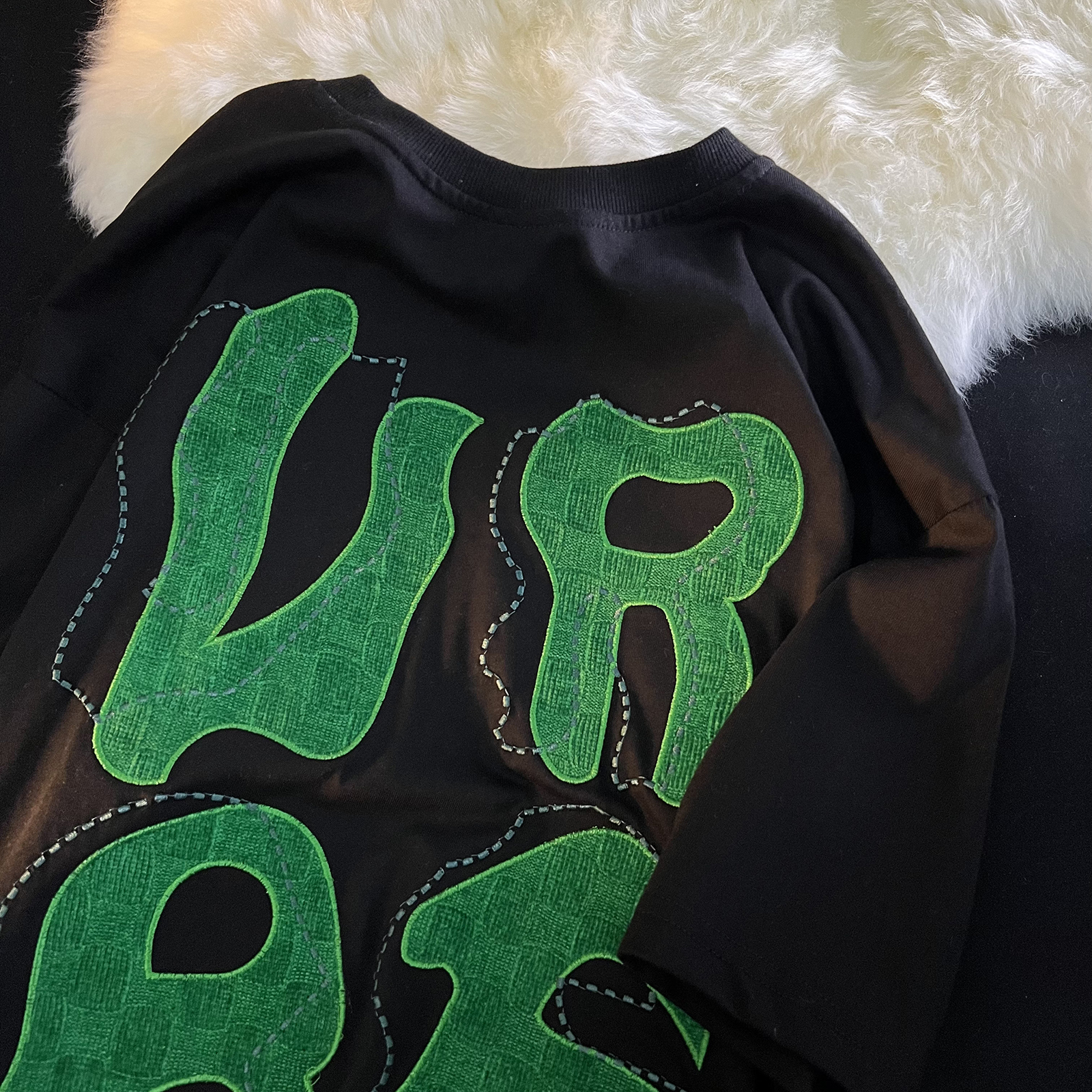 Jianyinz国潮设计字母贴布短袖T恤男女宽松小众oversize情侣半袖