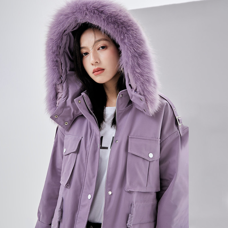 凡兔狐狸毛领抽绳收腰派克服2021冬季新款工装风仿兔毛大衣外套女