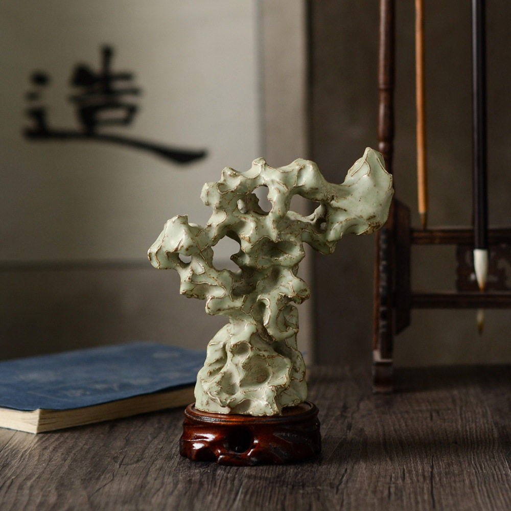 茶道摆件粗陶手工青瓷陶瓷太湖石头案头山玄关摆件