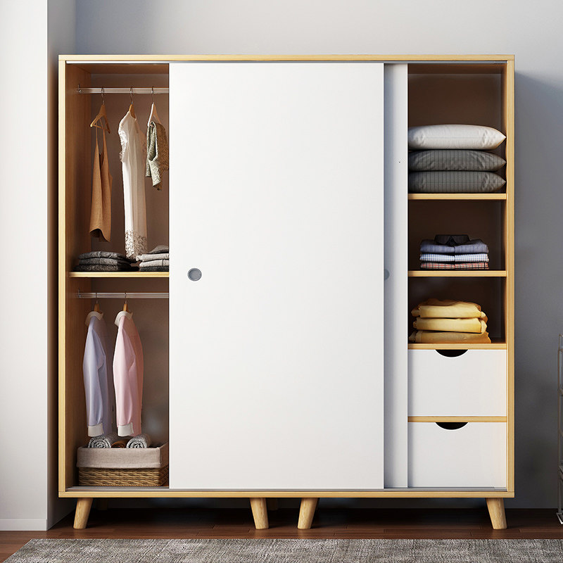 衣柜家用卧室推拉门原木木色衣橱小户户型出租房衣柜