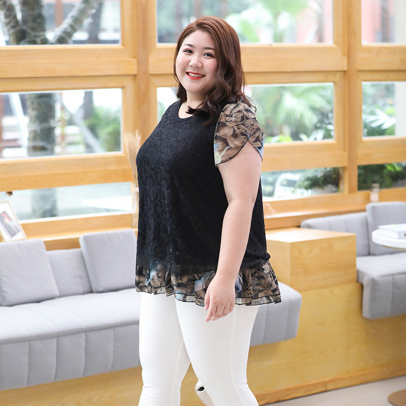 遮肚子大码蕾丝衫女胖mm200斤宽松短袖t恤衫加肥加大胖女士上衣夏