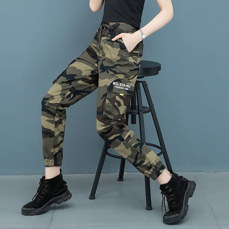 高腰宽松迷彩裤女弹力军迷绿色休闲裤户外徒步迷彩裤
