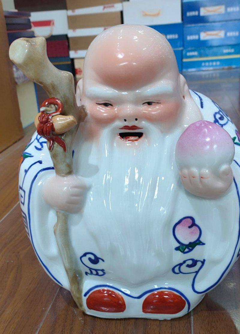 景德镇雕塑陶瓷老寿老寿星星纯手工手绘青花寿公摆件