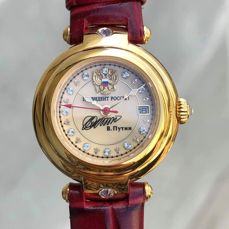 镶钻镀金机械俄罗斯普京签名时尚休闲小表盘女表玻璃透底真皮欧美