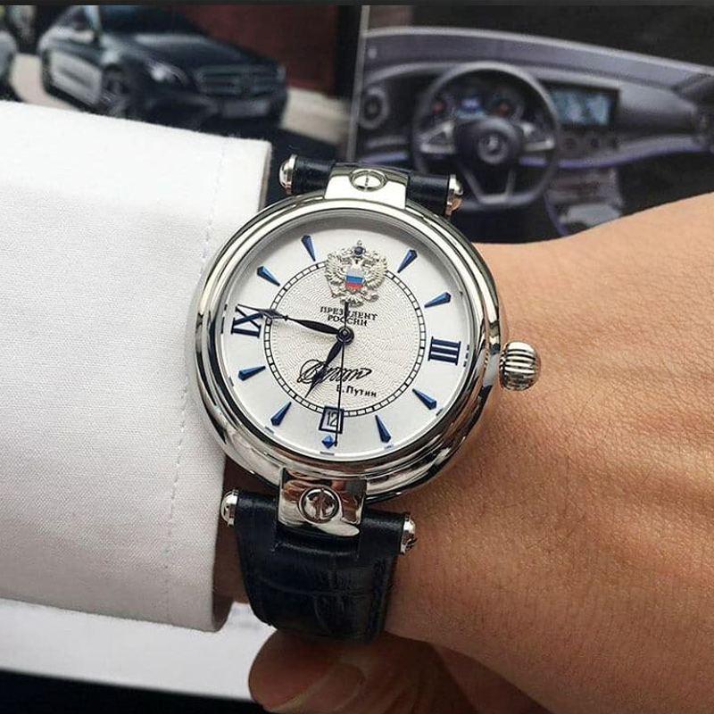 俄罗斯手表普京签名总统表自动机械贝母真皮银色商务休闲男表进口