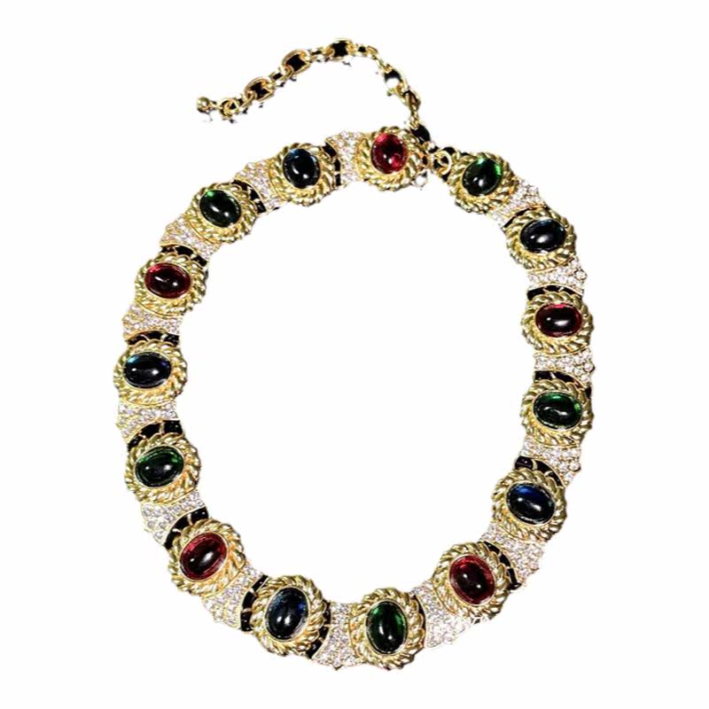 油画血红长方宝石项链古董18k金孔雀绿旦锆石项链