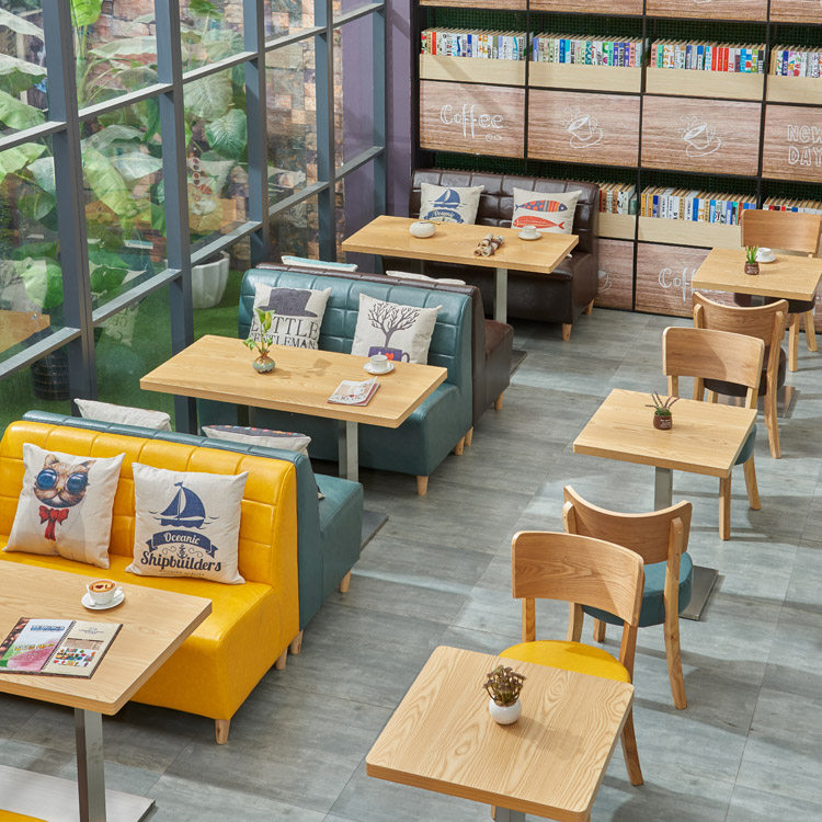 简约奶茶店沙发休闲吧甜品店咖啡西餐厅靠墙沙发卡座桌椅餐饮组合