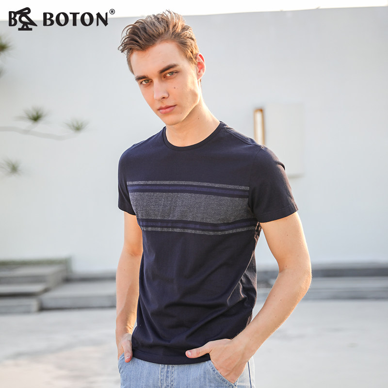 波顿boton新款夏款黑色纯色条纹短袖休闲纯棉t恤