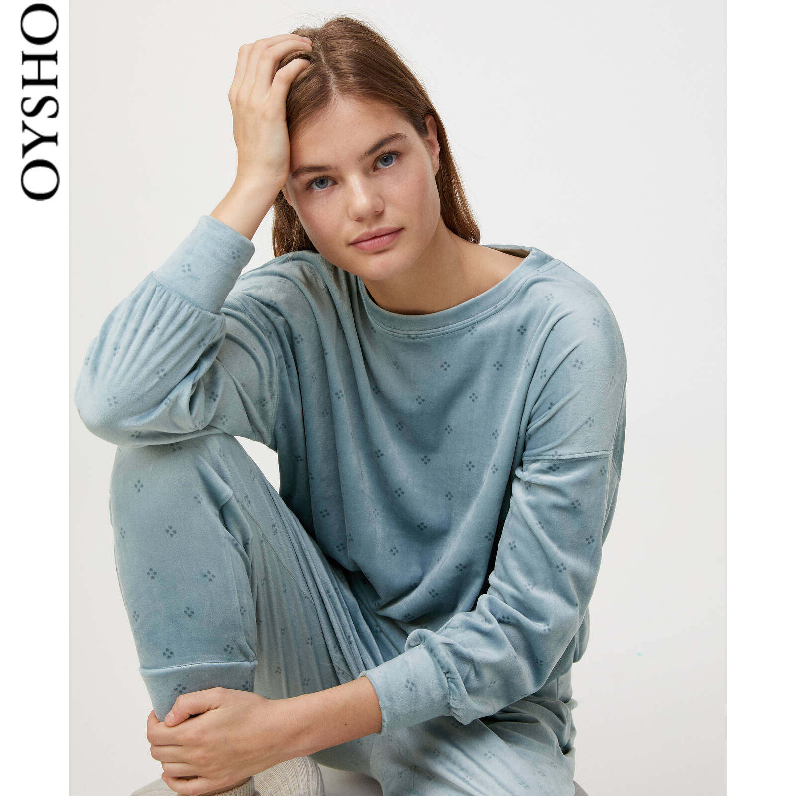 oysho菱形印花摇粒绒加厚上衣睡衣单件睡衣上装