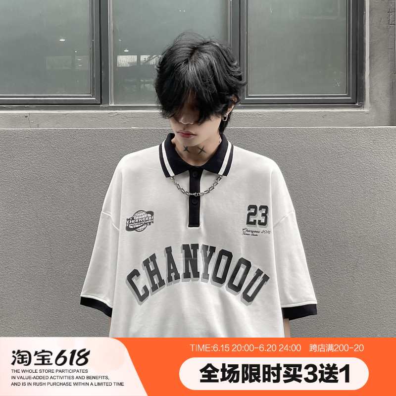 MRNEARLY美式复古POLO衫高街学院风短袖上衣男潮牌ins潮流情侣t恤