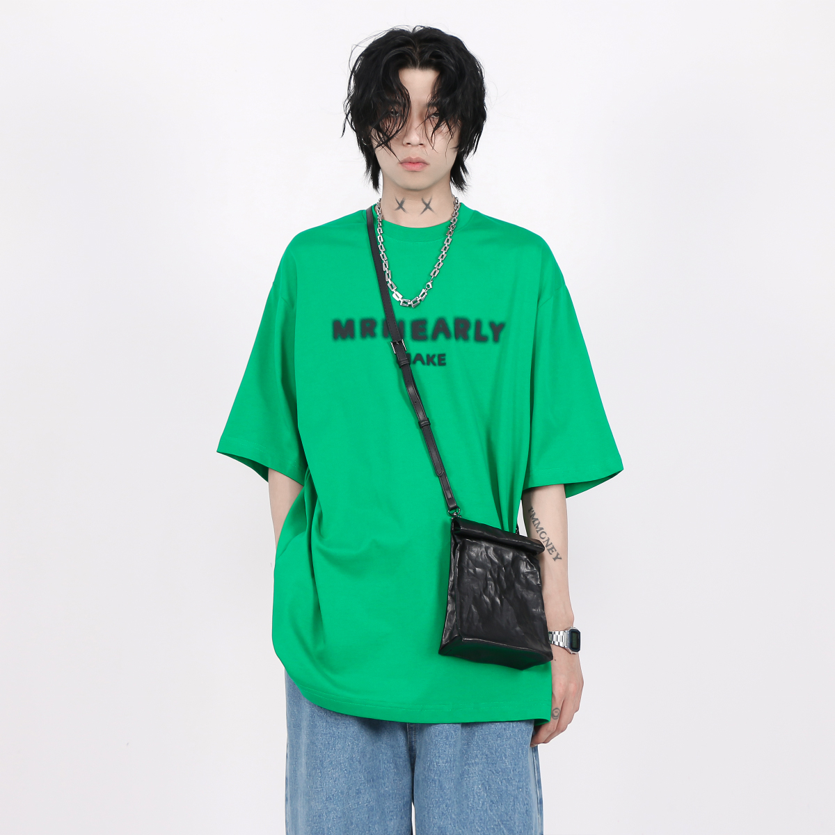 MRNEARLY夏季模糊字母印花短袖男潮牌ins美式街头复古情侣纯棉t恤