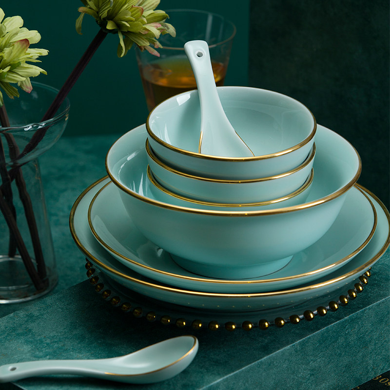 碗碟套装 家用 中式景德镇高档青瓷餐具套装碗盘碟勺镶金玉