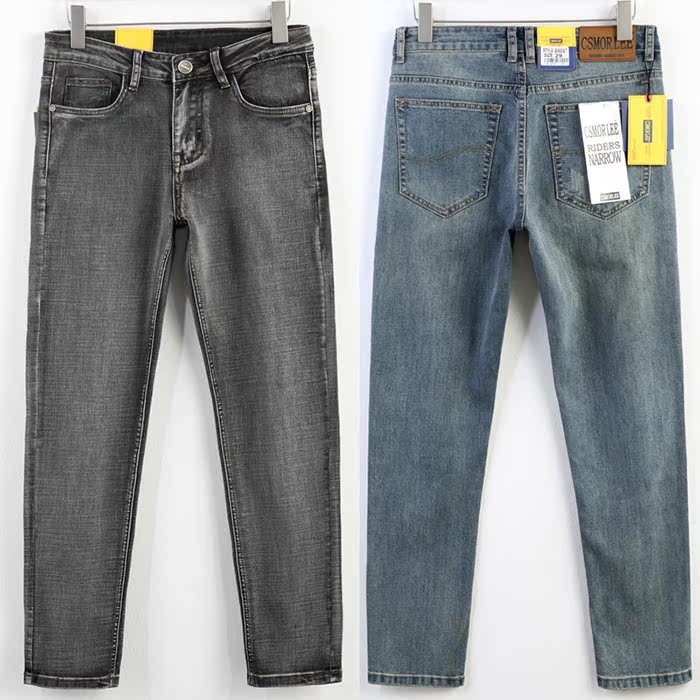 csmor Lee牛仔裤男直筒弹力复古烟灰色加绒裤子欧美大牌外贸出口