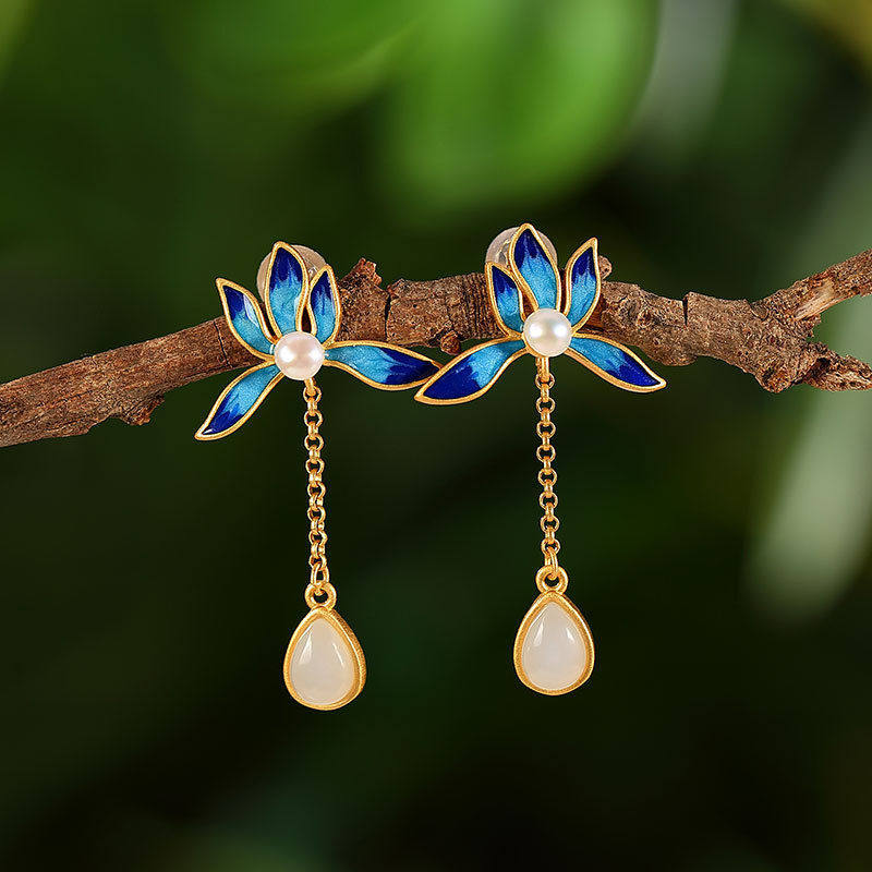 s925纯银莲花珍珠耳钉天然和田古风气质景泰蓝耳环