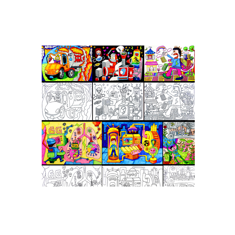 科幻画4k开儿童画纸质线稿绘画线描梦想环保涂色代画8开k科技模板