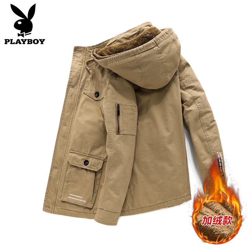 花花公子男士外套大码秋冬季中长款风衣工装夹克加绒加厚纯棉上衣