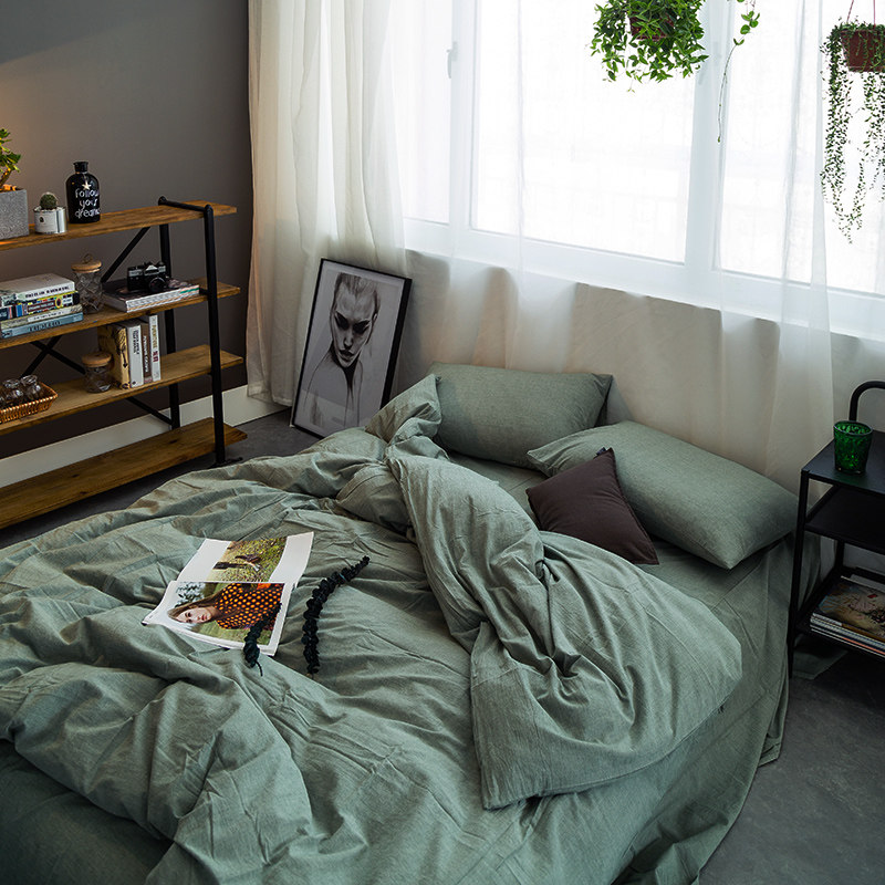 ins风水洗棉四件套全棉纯棉被套床单日式简约床上用品1.5m1.8床笠