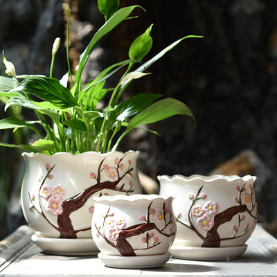 陶瓷新款驿使梅花多肉盆栽绿植花卉带托盘个性大号陶土植栽花花盆