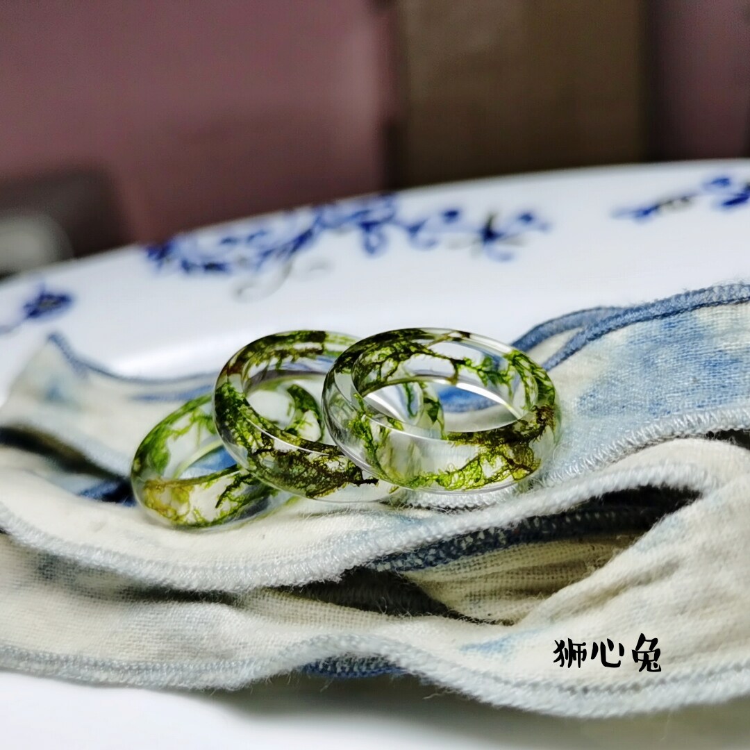 戒指狮心手作复古干花天然青苔苔藓树脂弧面戒指