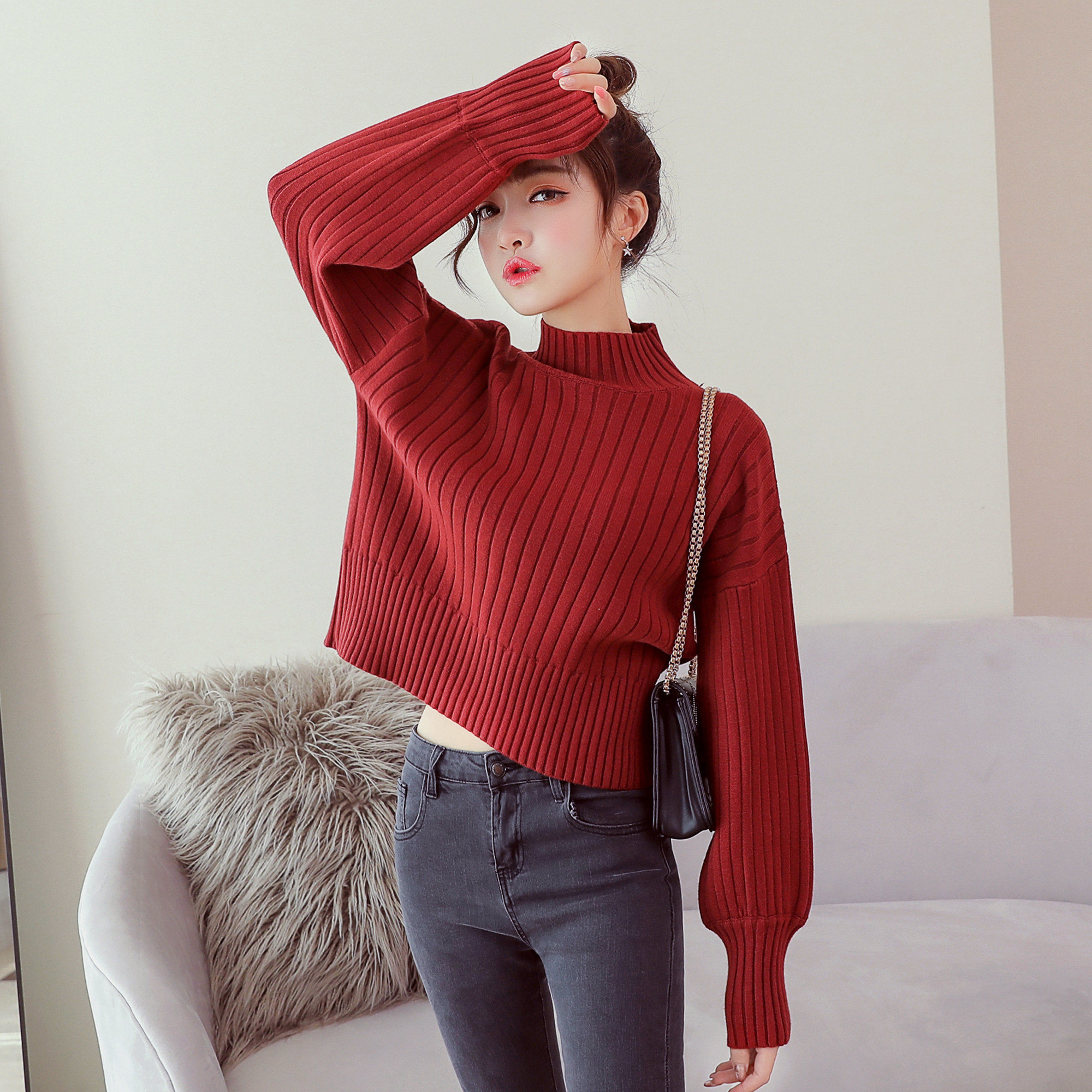 小个子女装150cm显高秋季中领加厚套头毛衣矮个子毛针织衫