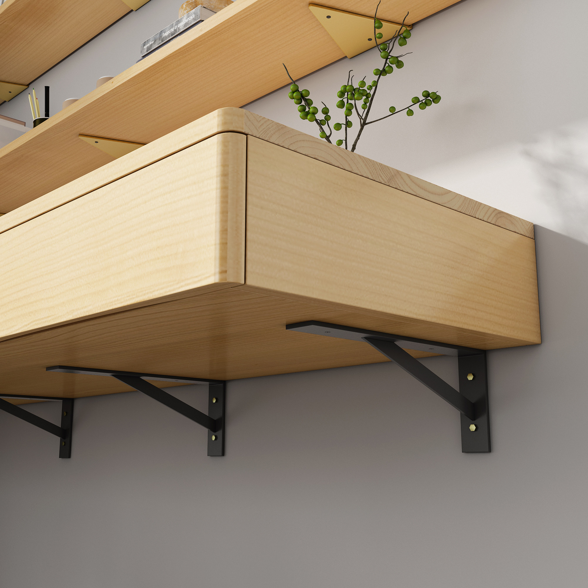 北欧实木一字板书书桌隐形书架壁挂墙上双人电脑桌