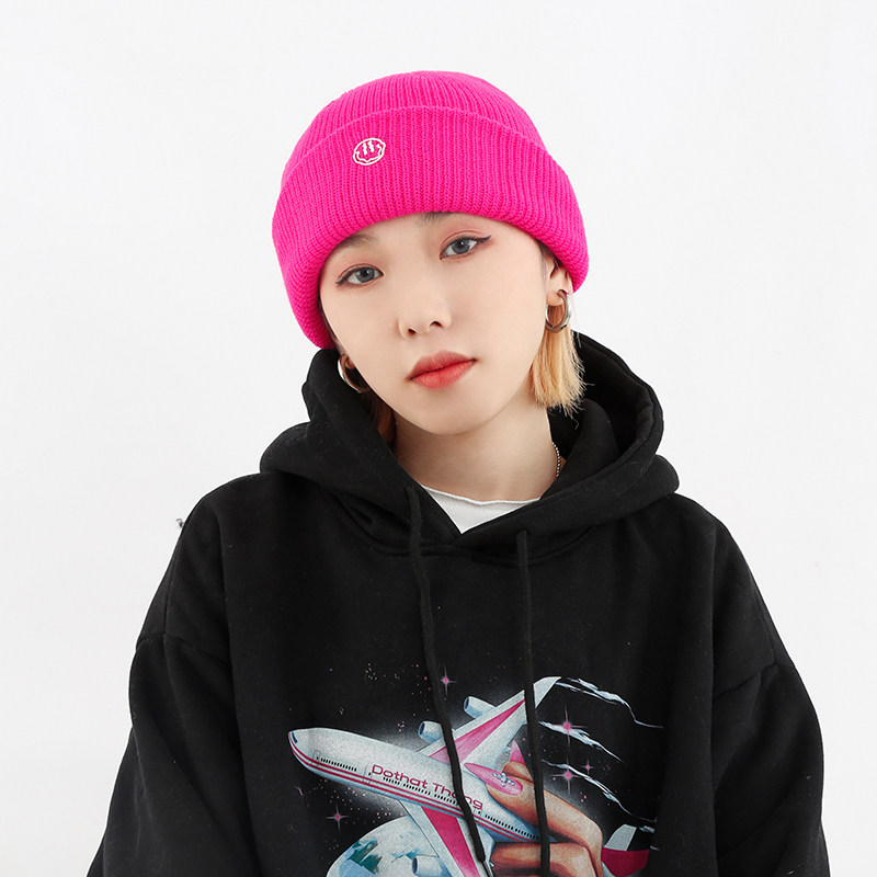 beamlife20a原创笑脸红色毛线帽子男女瓜皮冷帽日针织帽子