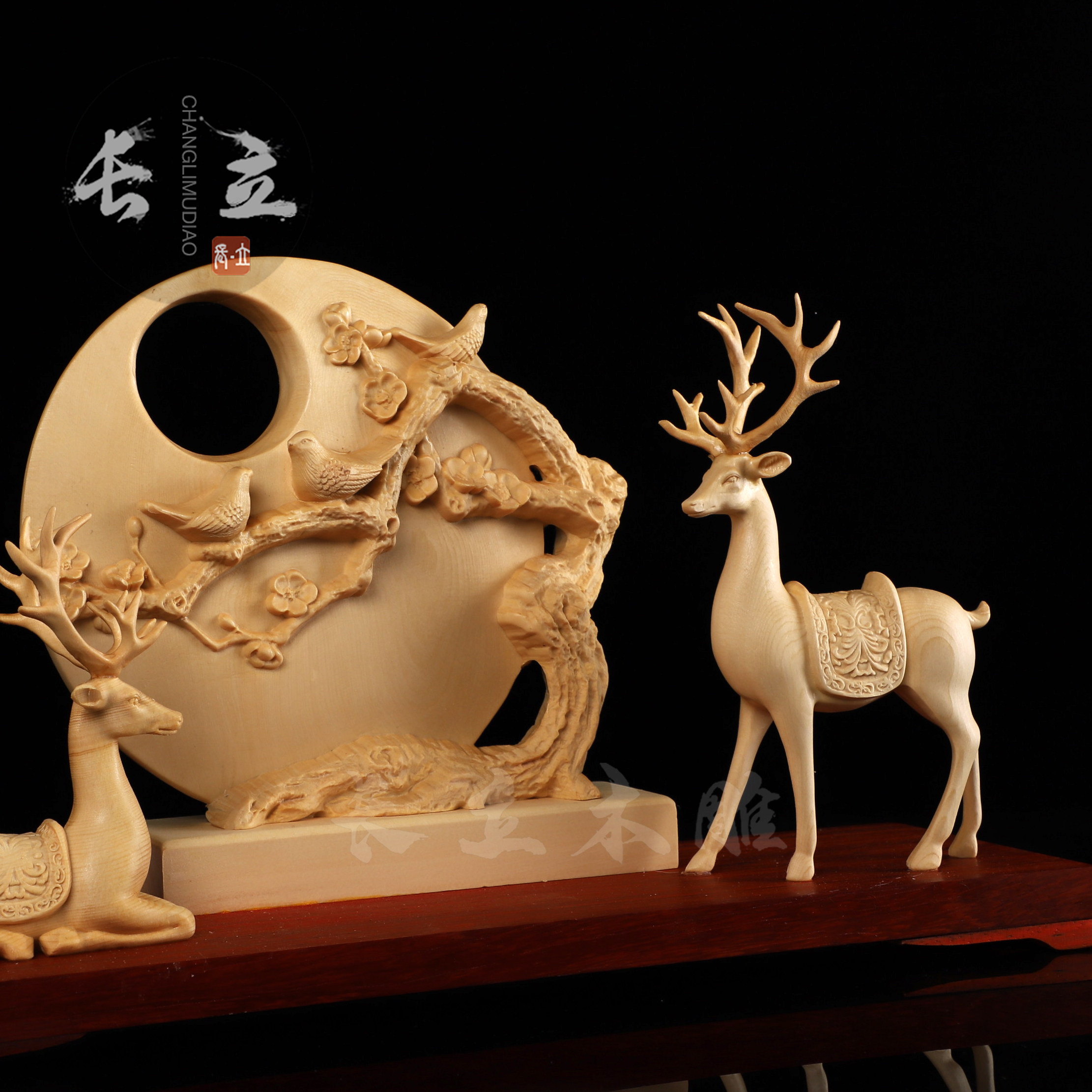 客厅黄杨木雕梅花鹿摆件中式家居装饰实木工艺品雕刻木雕